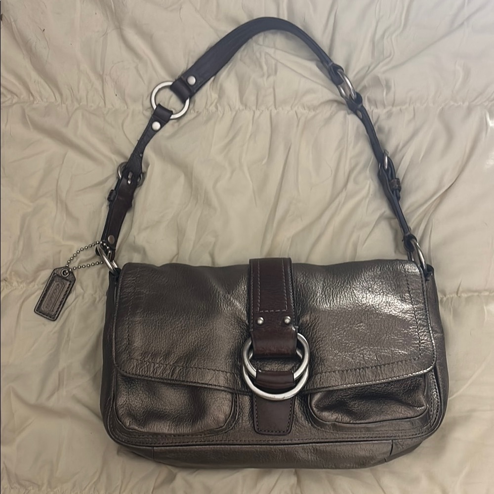 Coach Silver and Brown Leather Shoulder Bag with Adjustable Straps